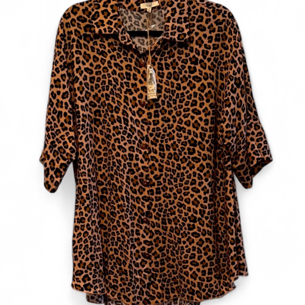 NWT - Easel - Leopard Print Button Down - Oversized - Draping - Collared Top -SM